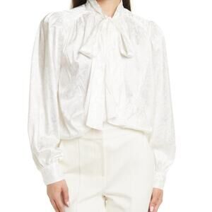 Ronny Kobo Collection White Satin Floral Jacquard Tie Neck Blouse L $368
